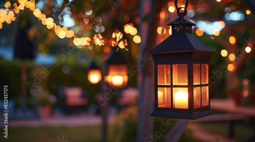 A row of solar lanterns illuminating a backyard barbecue on a warm summer evening. © Justlight