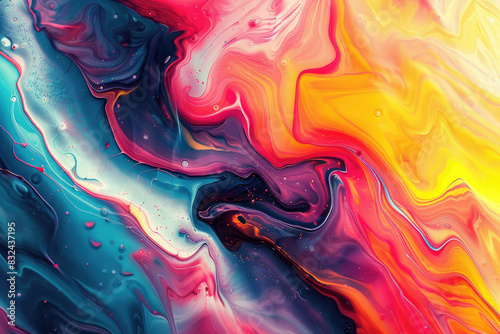 A colorful painting with a lot of swirls and splatters. The colors are bright and bold, creating a sense of energy and movement. The painting seems to be abstract, with no clear subject or focal point photo