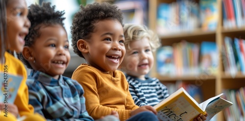 Cute multiethnic children sitting together and reading books in kindergarten or nursery school photo