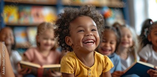Cute multiethnic children sitting together and reading books in kindergarten or nursery school, laughing while learning