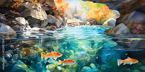 Trout swim upstream in a mountain stream with pebbles. Concept Wildlife Photography, Trout Behavior, Freshwater Ecosystems, Aquatic Life, Natural Habitats photo