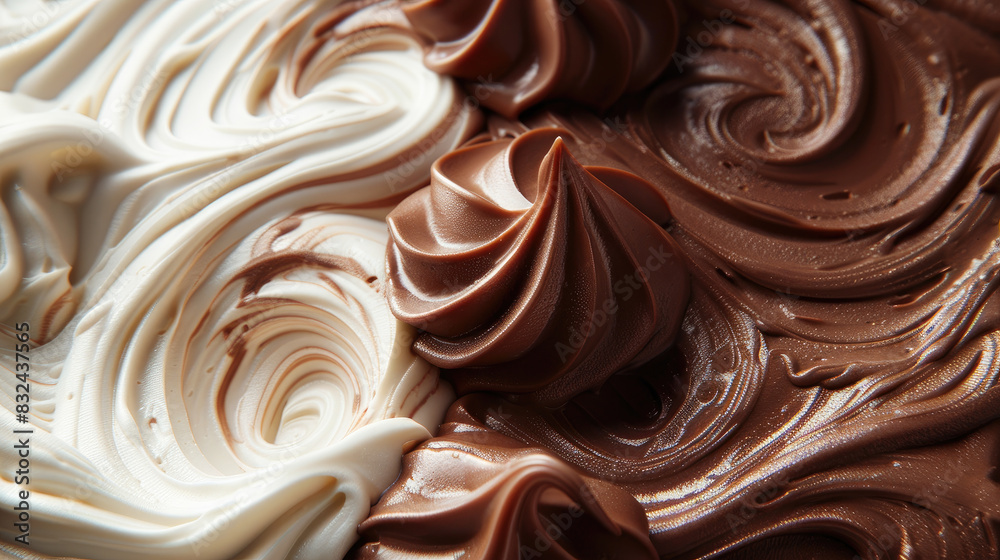 Two swirls of chocolate and white frosting on a cake