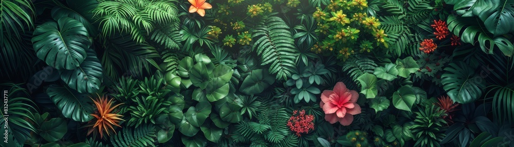 dense tropical jungle background from a bird's-eye view, rich greenery interspersed with vibrant flowers dense tropical jungle background from a bird's-eye view, rich greenery interspersed with vibrant flowers