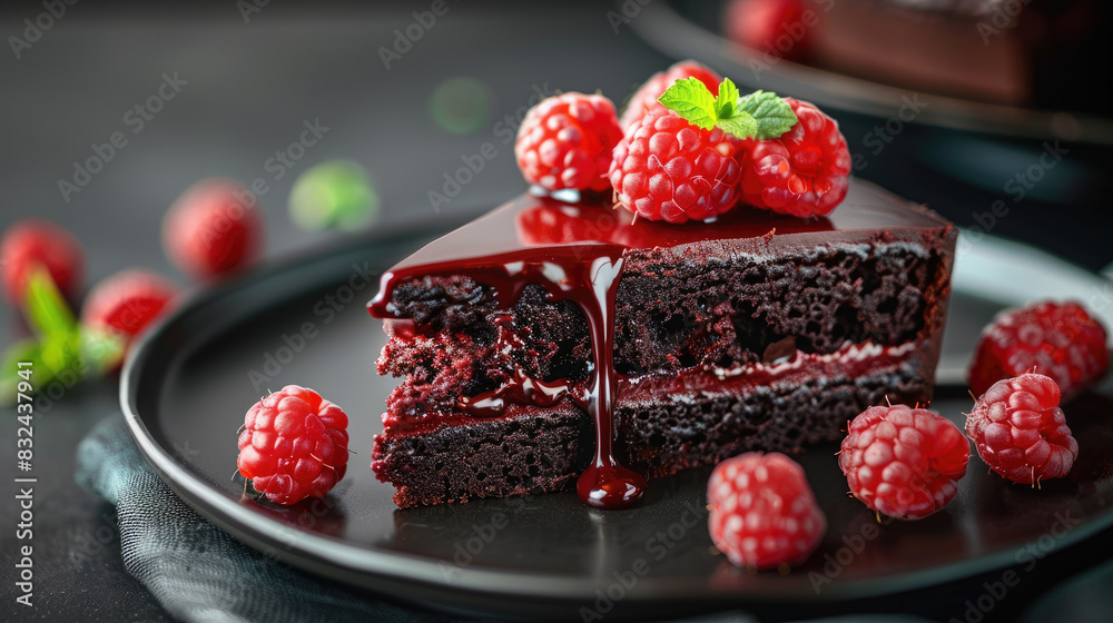 A slice of chocolate cake with raspberries on top A slice of chocolate cake with raspberries on top