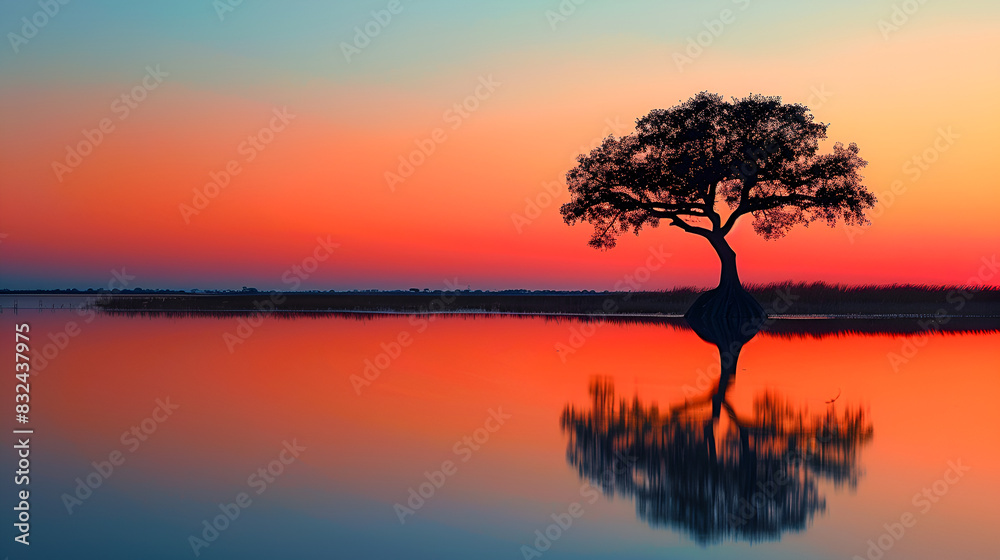 Fototapeta premium Solitary Tree in Lake at Sunset with Reflective Branches and Serene Atmosphere