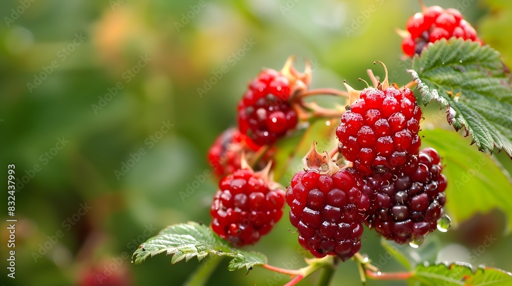 Fresh Dew Covered Raspberries on a Branch Fresh Dew Covered Raspberries on a Branch
