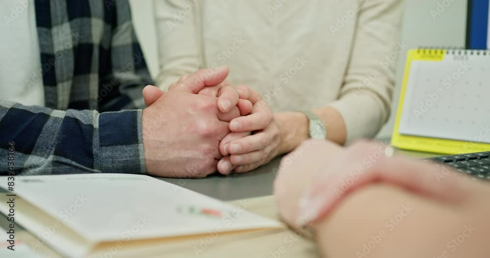 The doctor gives hope. Close-up of patients' hands. The patient is holding hands. The family is holding hands in the office at the reception. Old middle aged people holding hands close up view.