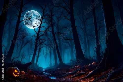 Dark fantasy spooky forest under the vivid moon ,tree silhouettes on misty background 
