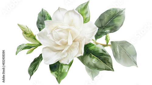 Fototapeta Naklejka Na Ścianę i Meble -  A beautiful white gardenia flower and branch in watercolor painting style on a transparent background. Isolated of botanical flowers and leaves for decoration elements in pastel colors.