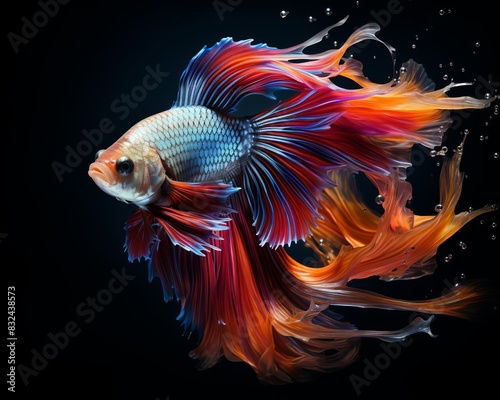 Fighting fish exhibiting its magnificent fins and colors in the water selective focus, underwater spectacle, dynamic, manipulation, seaweed backdrop