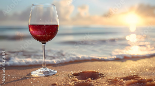Beach seaside with wine and glass is summer holiday concept isolated on white background, realistic, png
