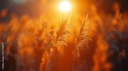 Sunset over wavy grass  a nice nature abstract background with rich golden-orange hue. Photo taken against the sun so sun flare can be visable.