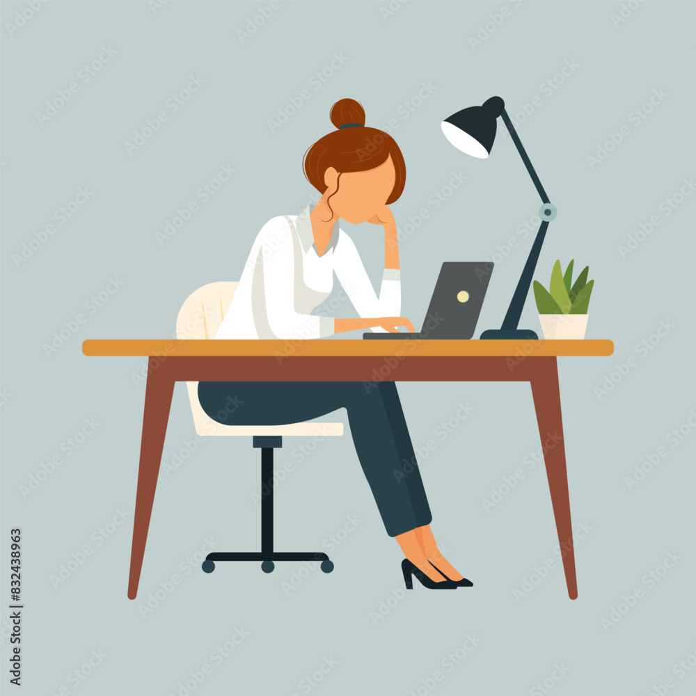 Exhausted female employee sit at office desk work on computer. Disappointed employee, mental health problems. Vector illustration in a flat style Exhausted female employee sit at office desk work on computer. Disappointed employee, mental health problems. Vector illustration in a flat style