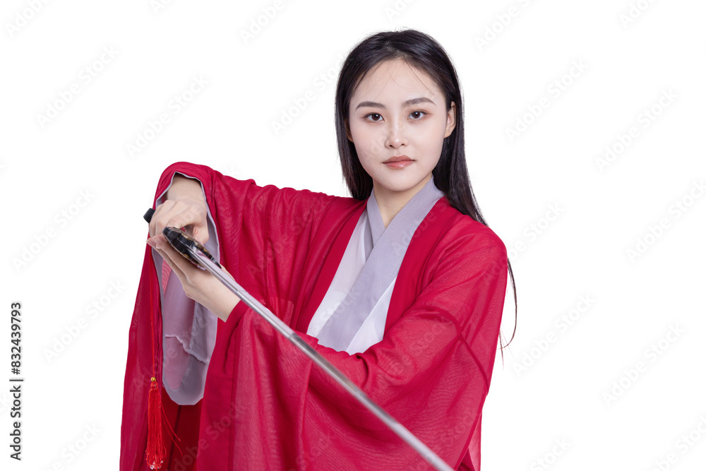 An oriental beauty in a red costume holds a sword
