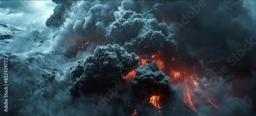 Volcanic eruption. Volcano crater during lava eruption.  Exploding and flowing lava and magma. Natural disaster concept. photo