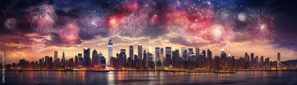 Fireworks exploding over a city skyline on the Fourth of July close up, patriotic celebration, realistic, manipulation, urban backdrop