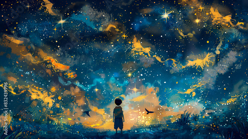 Boy in a Field Under a Starry Night Sky with Clouds and Birds photo