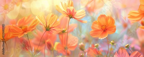 orange cosmos flowers in full bloom with blur background photo