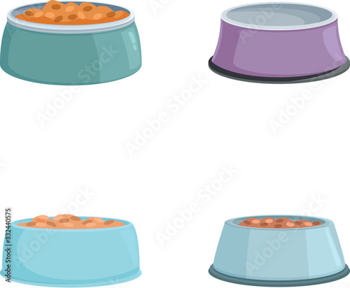 Four pet bowls, two empty and two filled with food, isolated on a white background