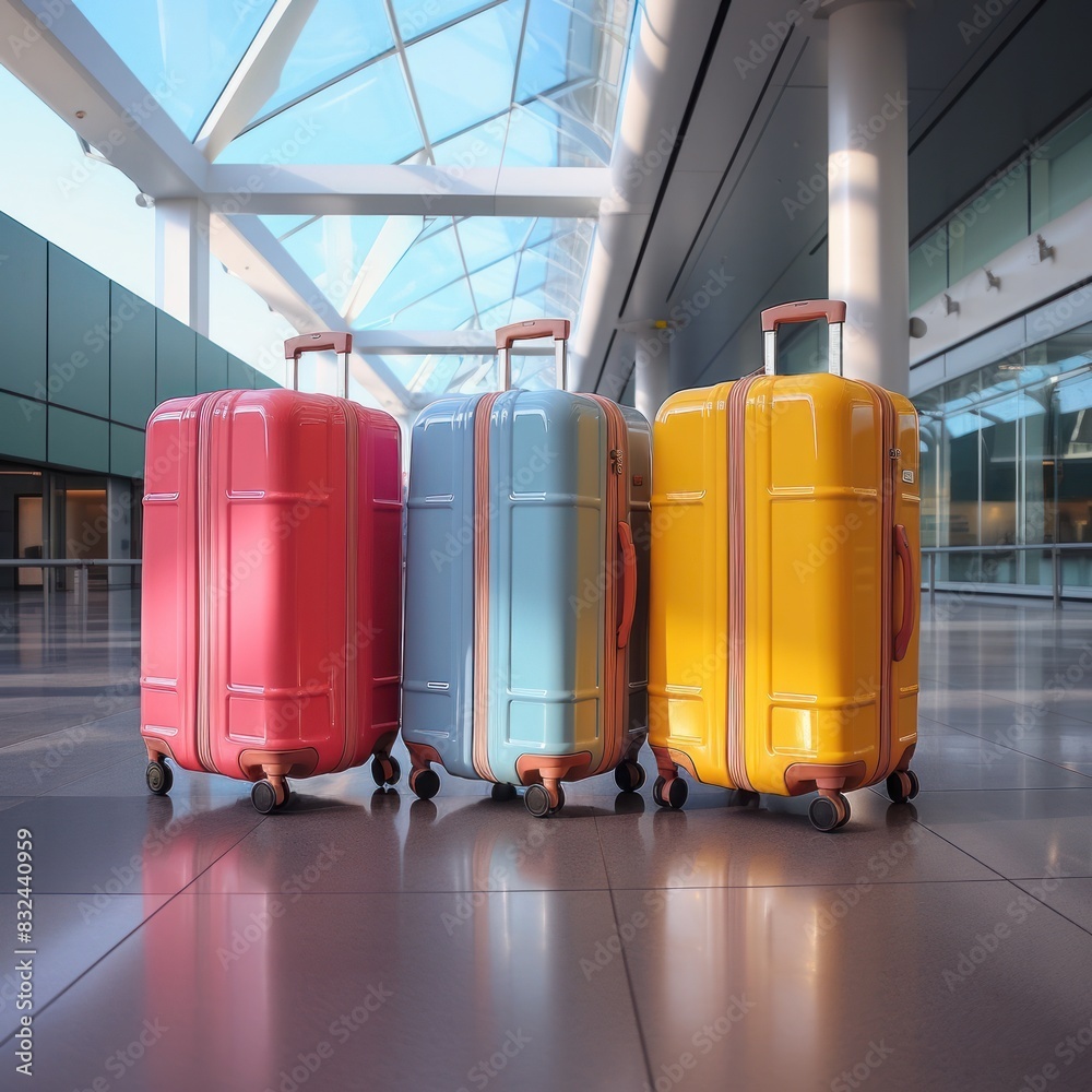 Many multi-colored suitcases in a station. AI generated Many multi-colored suitcases in a station. AI generated