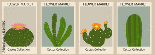 Set of abstract contemporary aesthetic Flower Market posters. Trendy botanical wall arts with cactuses design in bright colors. Modern naive funky interior decorations. Boho vector art illustration. 
