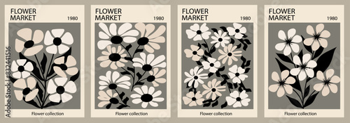 Set of abstract Flower Market posters. Trendy botanical wall arts with floral design in bright colors. Modern naive funky interior decorations. Vector art illustration