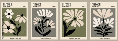 Set of abstract Flower Market posters. Trendy botanical wall arts with floral design in bright colors. Modern naive funky interior decorations. Vector art illustration