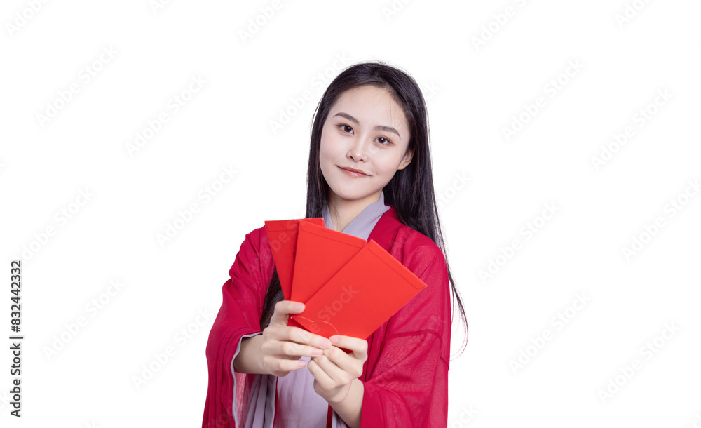 Oriental beauty in red hanfu holding a red envelope
Oriental beauty in red hanfu holding a red envelope