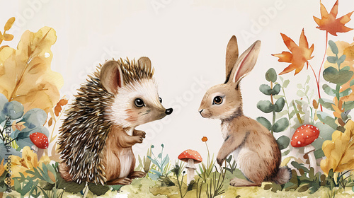 Boho-style illustration of woodland creatures such as a raccoon and deer, perfect for summer nursery art photo