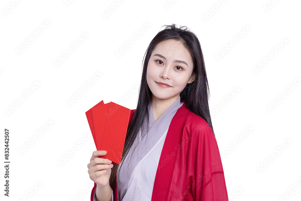 Oriental beauty in red hanfu holding a red envelope
Oriental beauty in red hanfu holding a red envelope
