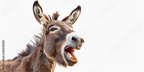 A donkey laughing with its mouth open against a white background