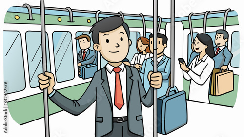 A passenger on a crowded subway standing in the middle of the crowded car. They are holding onto a pole and their briefcase is pressed against their. Cartoon Vector.