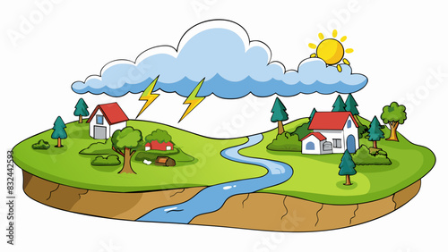 A peaceful countryside landscape transformed by a sudden and violent storm with powerful winds and thunder striking fear into those caught outside.. Cartoon Vector.