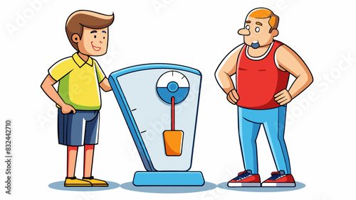 A personal trainer measures a clients body weight and body fat percentage. The measuring tools include a scale and caliper which have numerical. Cartoon Vector.