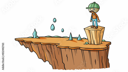 A person standing on the edge of a cliff with tears in their eyes and arms outstretched as if about to jump. The ground beneath them is rocky and far. Cartoon Vector.