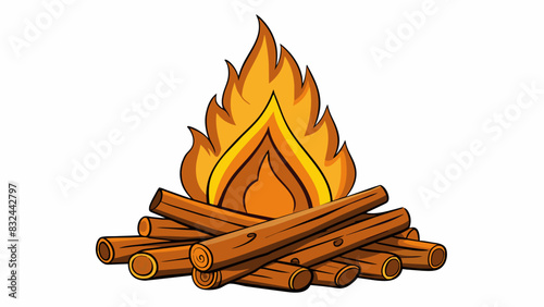 A pile of dry brown sticks stacked neatly next to a campfire. As they are lit the sticks produce a crackling sound and a bright dancing flame. The. Cartoon Vector.