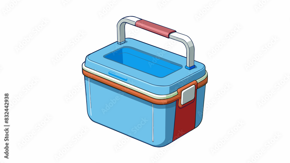 A portable cooler with a lightweight plastic exterior and a removable lid. Inside there is a single compartment that can be filled with ice or gel. Cartoon Vector.