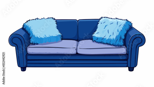 A plush navy blue sofa with deep cushions and soft velvety fabric. Its the perfect spot to curl up with a book or take a nap surrounded by fluffy. Cartoon Vector.