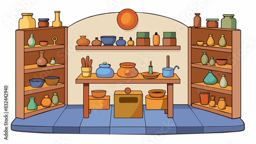 A pottery studio with shelves filled with neatly organized clay tools and a potters wheel in the center of the room. The walls are covered in handmade. Cartoon Vector.