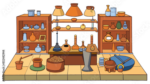 A pottery workshop filled with tools and materials. Shelves lined with bowls plates and vases in various stages of completion. Some are just freshly. Cartoon Vector.