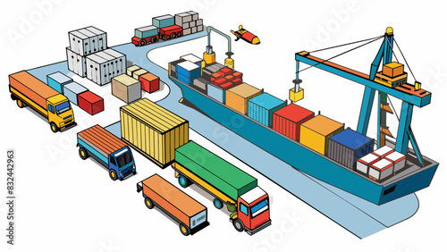 A port is a busy hub of activity with cranes and other machinery constantly moving cargo from ships onto trucks and trains for distribution. The air. Cartoon Vector.