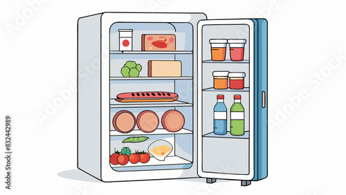 A proper way to store food in the refrigerator is to label and date all items place raw meat on the lowest shelf and keep produce in separate drawers.. Cartoon Vector.