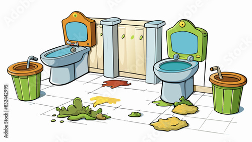A public restroom with dirty floors overflowing garbage cans and grimy stalls. The bowl is stained and the sinks are covered in toothpaste and soap. Cartoon Vector.