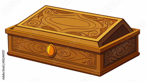 A rectangular box with a hinged lid made of sy wood and adorned with intricate carvings. The lid opens to reveal a velvetlined interior.. Cartoon Vector.