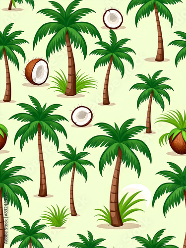 cartoon vector set of green coconut and palm tree elements  wallpaper design