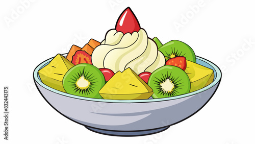 A refreshing dessert A bowl of chilled fruit salad filled with a variety of colorful fruits such as strawberries kiwi and pineapple. The fruits are. Cartoon Vector.