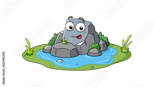 A rock sitting in a pond always remaining in the same spot and unmoved by the waters flow.. Cartoon Vector.