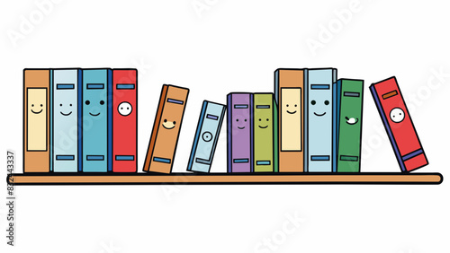 A row of books on a shelf are arranged in a straight line with each book standing upright and evenly spaced from the next creating a neat and. Cartoon Vector.