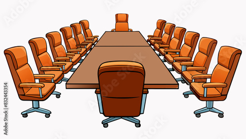 A row of leather exeive chairs surrounding a large conference table showcasing the corporate boardroom. The chairs are all uniform in design conveying. Cartoon Vector.