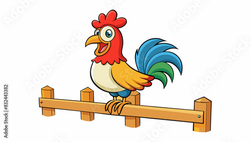 A rooster perched atop a wooden fence crowing as the sun begins to rise from the eastern horizon.. Cartoon Vector.